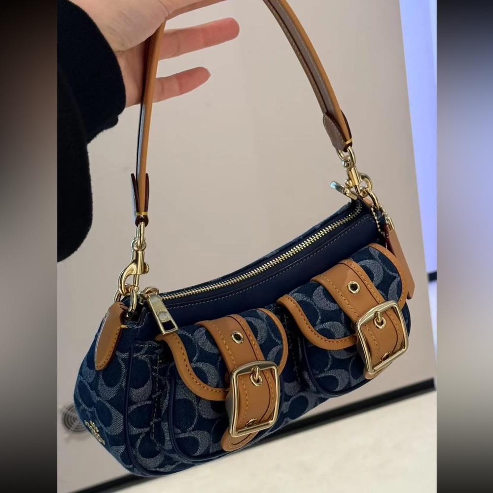 COACH Ashton Baguette Bag In Signature Canvas Denim/Brown CY700 - Picture 6 of 13